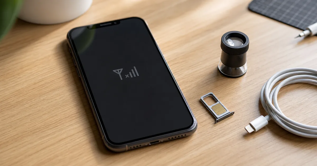 Smartfon na biurku obok tacki SIM, lupy serwisowej i kabla