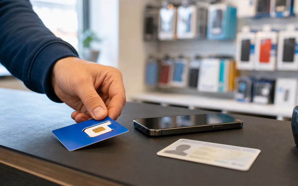 Karta SIM, telefon i dokument tożsamości na ladzie sklepu GSM