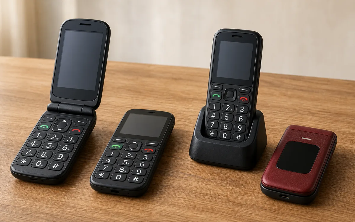 Cztery telefony z dużymi klawiszami dla seniora ułożone na stole, w tym dwa modele z klapką i telefon w stacji ładującej