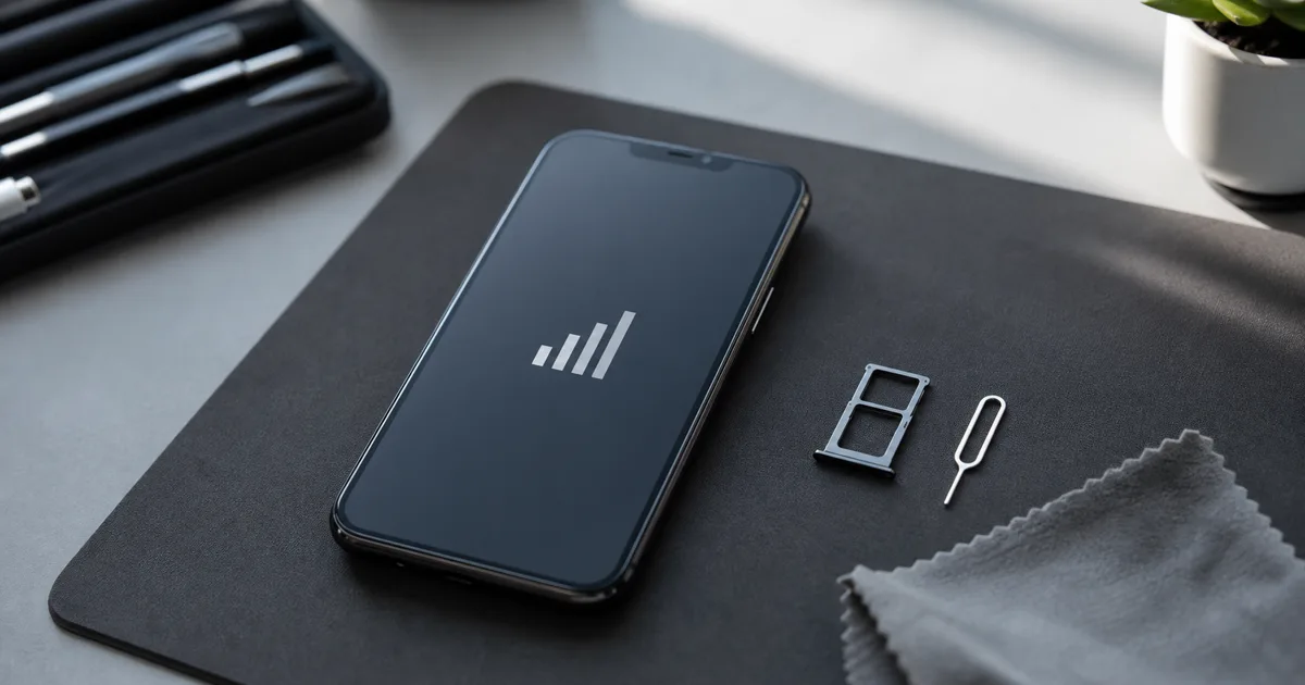 Smartfon leżący na macie serwisowej obok tacki SIM i ściereczki