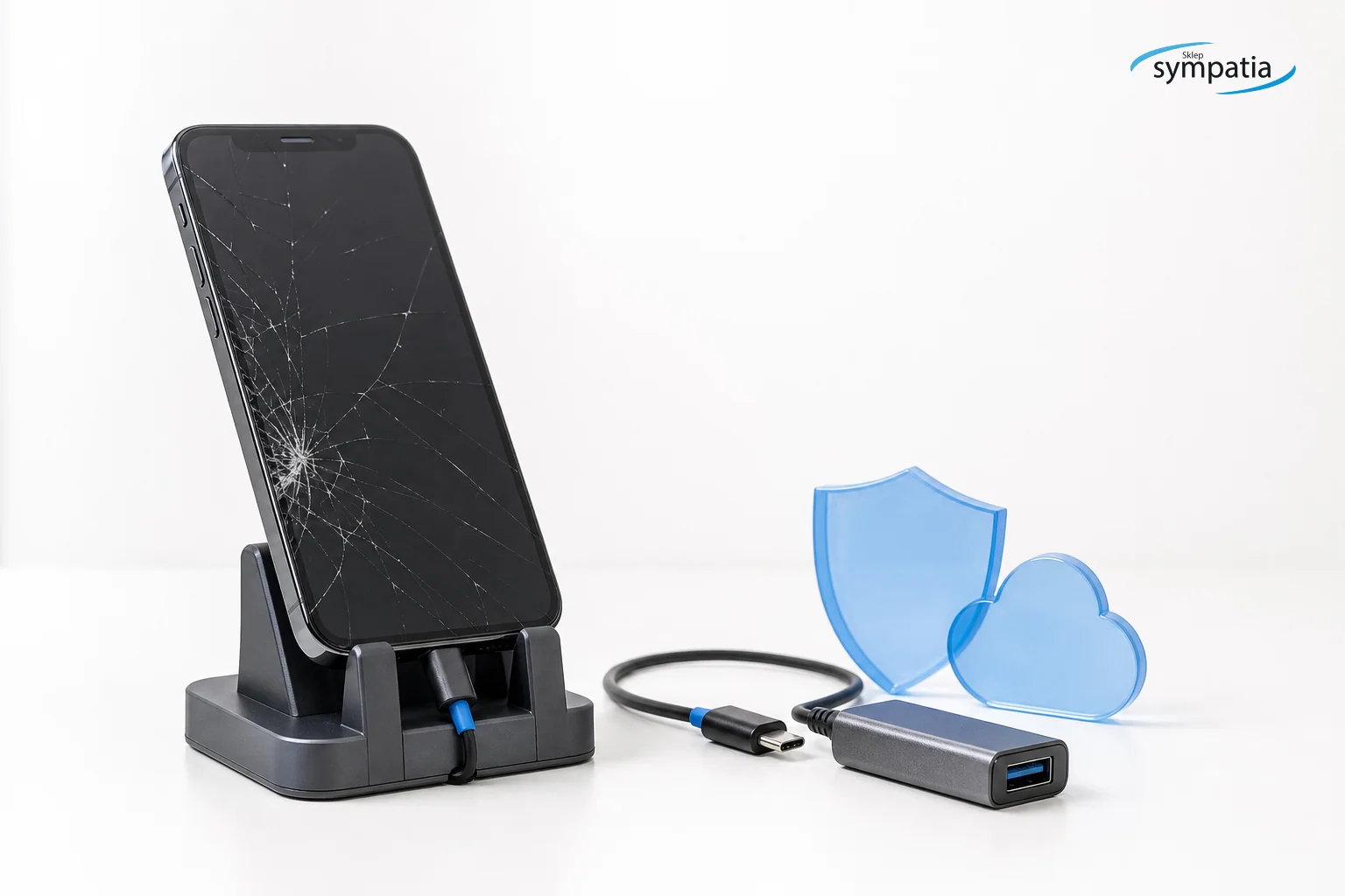 Uszkodzony telefon podłączony do stanowiska diagnostycznego w celu sprawdzenia możliwości odzyskania danych